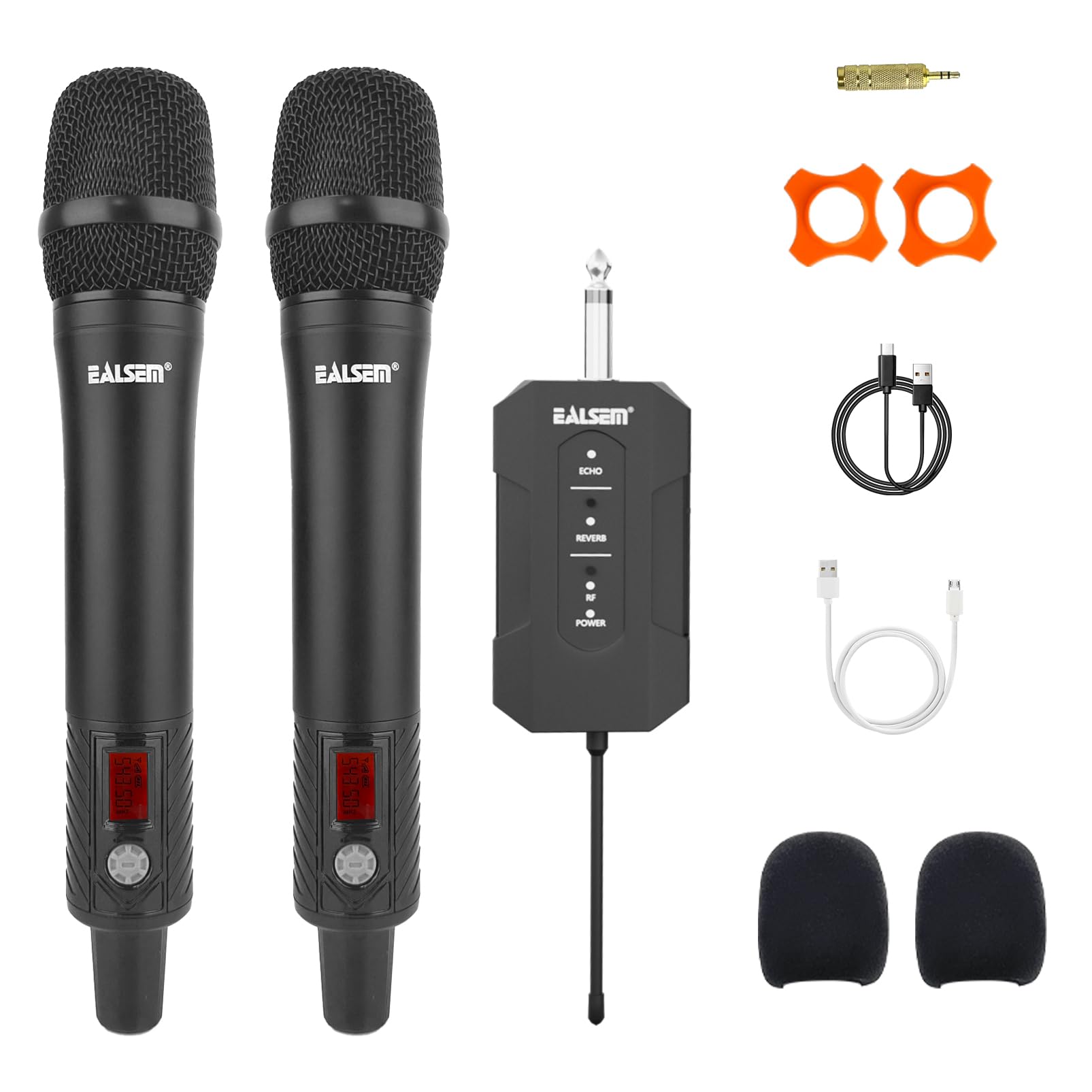 Wireless UHF Dual Channel Metal Dynamic Microphone,Rechargeable Receiver with Adjustable Reverberation, Echo, Conference Mode,for Karaoke, DJ, Party, Speech, Black Gray (2 Channel)