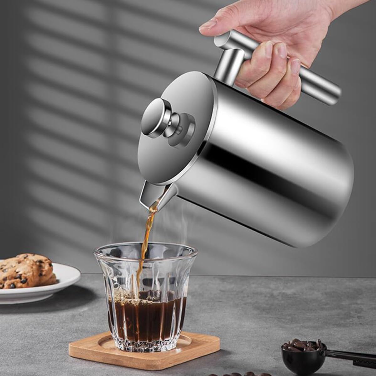Ekspres Do Kawy Typu French Press Z 3-warstwowym Systemem Filtrów, Dzbanek Do Parzenia Kawy Z Podwójnymi Ściankami Ze Stali Nierdzewnej, 1 Łyżeczką Do Kawy(/Silver B,700ml)