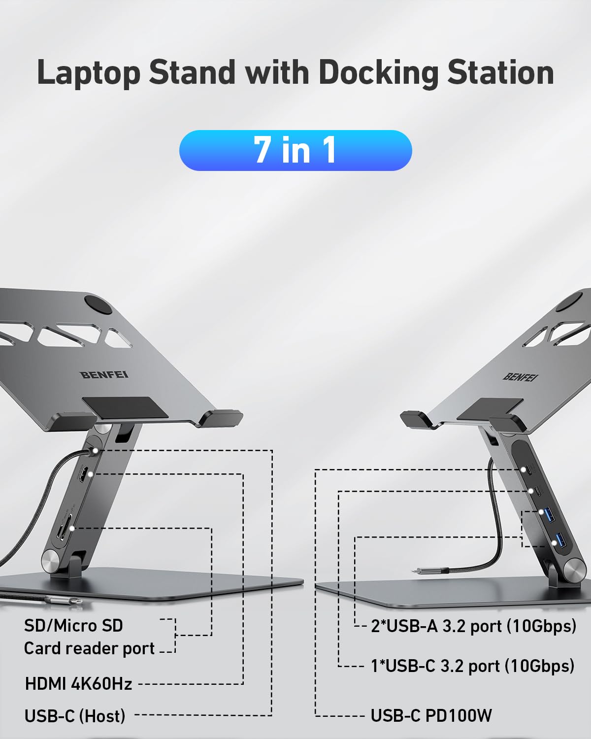 BENFEI Supporto per laptop con docking station USB-C 7in1, HDMI 4K@60Hz, 1*SD 1*Micro SD, 100W Power Delivery, 10Gbps 1*USBC 3.2 e 2*USBA 3.2 Compatibile con MacBook Pro/Air, iPad Pro, XPS, ThinkPad