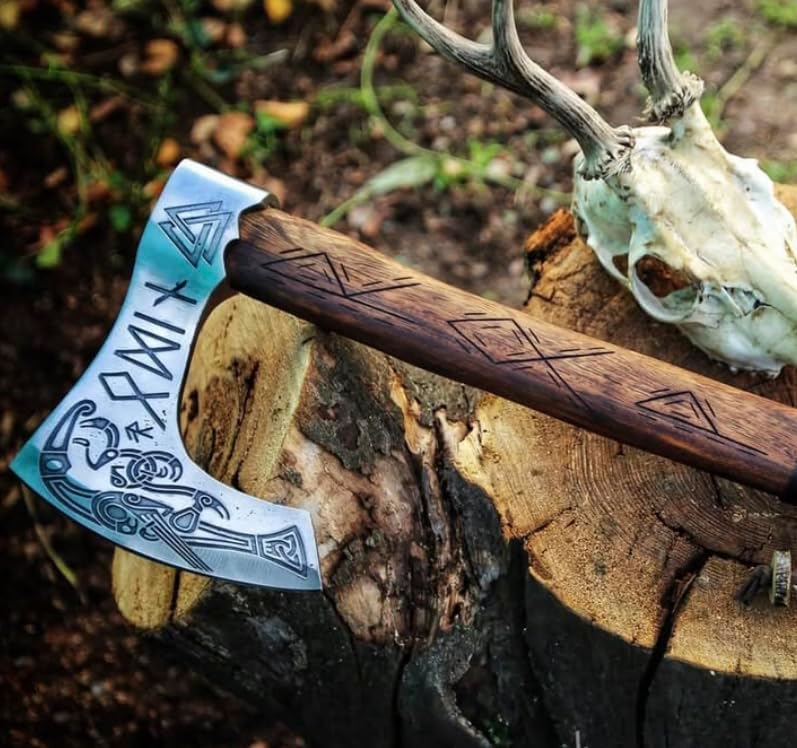 Viking TOOLS-Hacha vikinga Berserker Tomahawk de 22.0 pulgadas con funda de cuero, hacha vikinga forjada a mano 'Fenrir' nórdico Valhalla Vikings