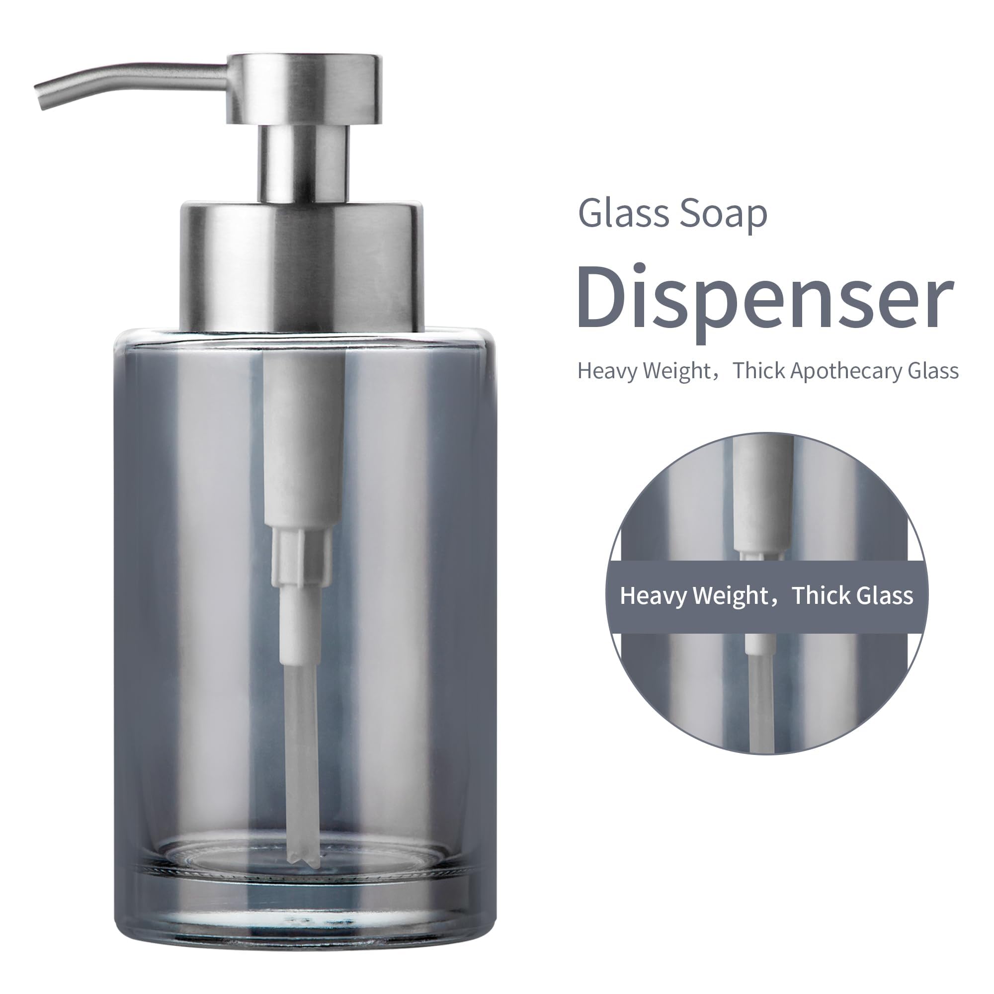 Enra Dispensador de jabón de cristal, 12 oz, plata con bomba de acero inoxidable, rellenable | Cristal grueso con bomba de acero inoxidable, diseño elegante y amplia apertura para rellenar jabón, loción y detergente.