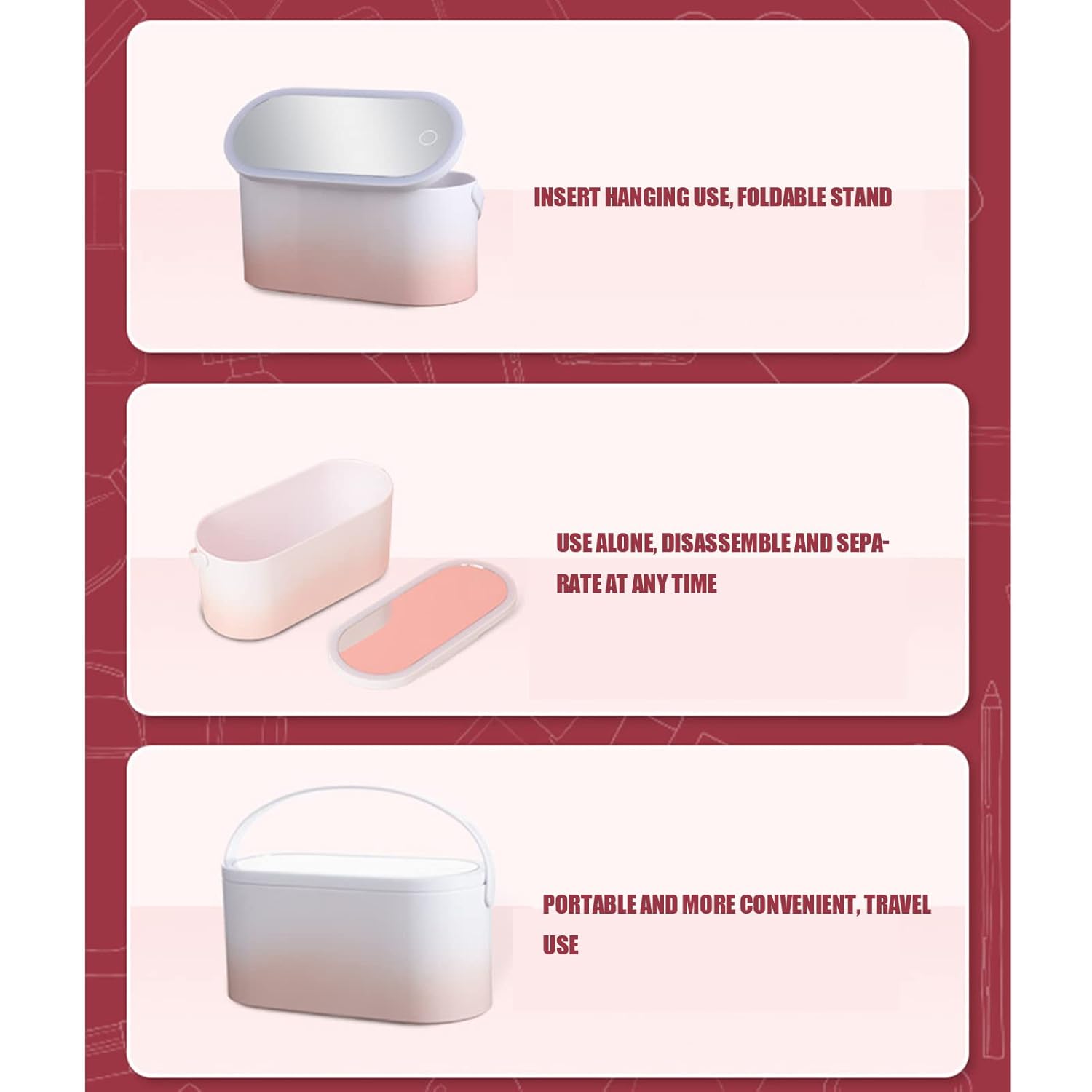 Pink Gradient Foldable Rotating Makeup Storage,Cosmetics Box,Portable Makeup Box with LED Lighted Mirror for Travelling, Multi Purpose Makeup Organizer Carrying Case, Cosmetics Box, Pink Gradien