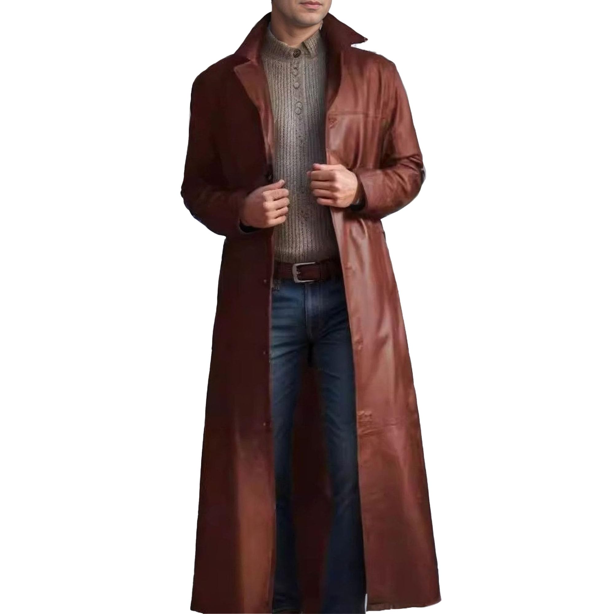Maiyifu-GJ Mens Retro Faux Leather Trench Coat Full Length Steampunk Long Overcoat Vintage Open Front Cardigan Jacket