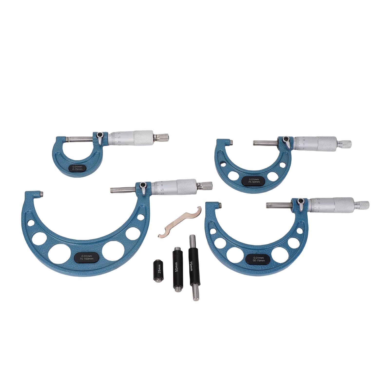 FTVOGUE Juego de Micrómetros Exteriores, Juego de Micrómetros de Precisión de Aleación con Cuerpo de Acero Inoxidable y Yunques de Carburo, 4 Piezas de 0 a 100 Mm, Rango de 0,01 Mm para Maquinistas,