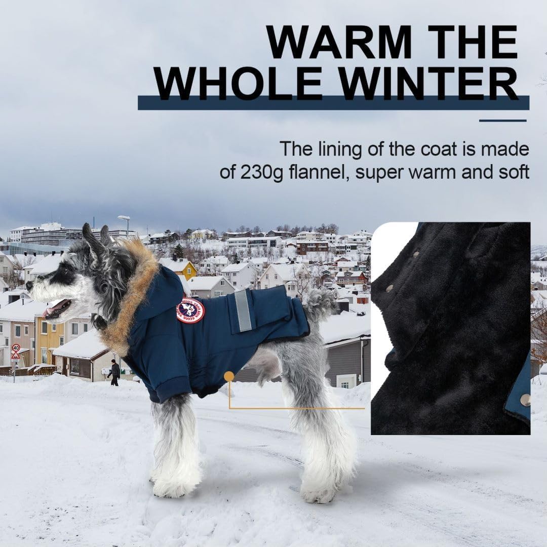 PINA Dog Coats – Waterproof Winter Jacket with Flannel Lining, Faux Fur Hood & Pocket for Small Dogs