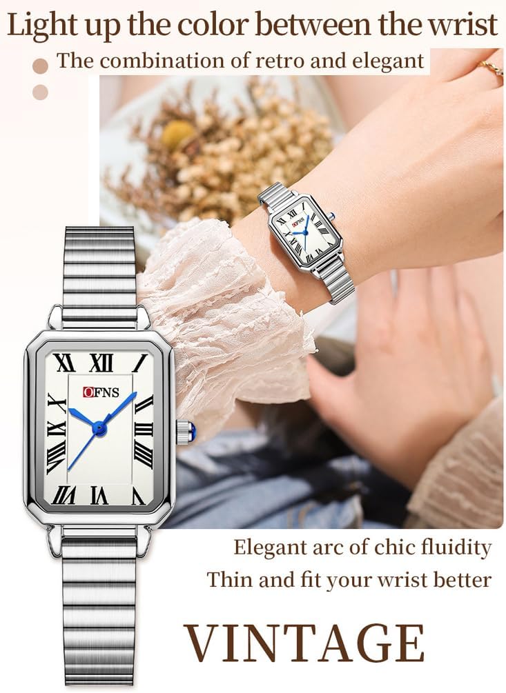 Women‘s Retro Square Watch - Easy Adjust Stainless Steel Band, 3ATM Waterproof, Roman Numeral Dial, Vintage Quartz Wristwatch