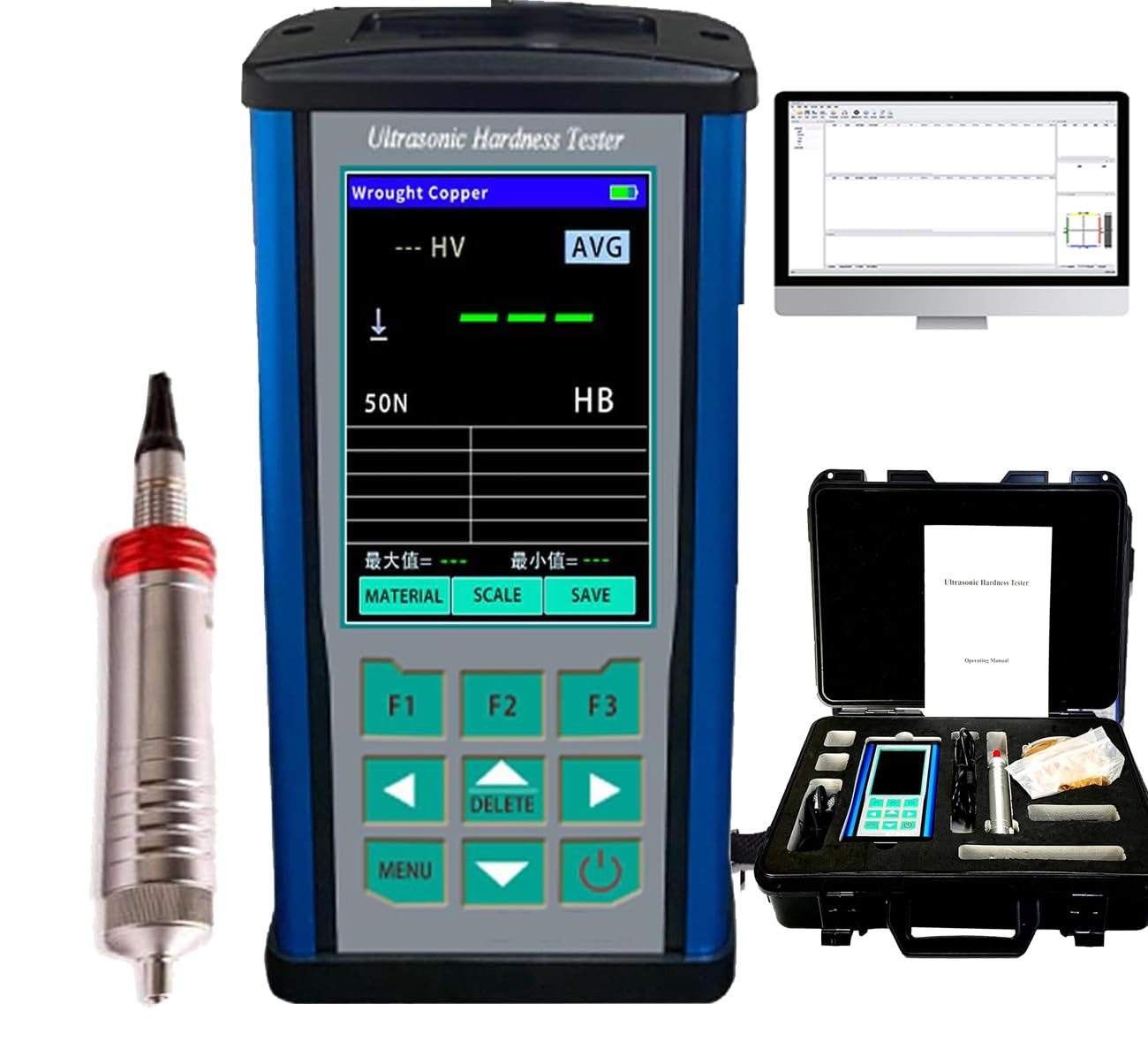 VTSYIQI Ultrasonic Portable Hardness Testers Digital Ultrasonic Hardness Durometer with 10kgf Probe Maximum Roughness Test Surface Ra<15um Accuracy ±2 ASTM-A1038 Standard