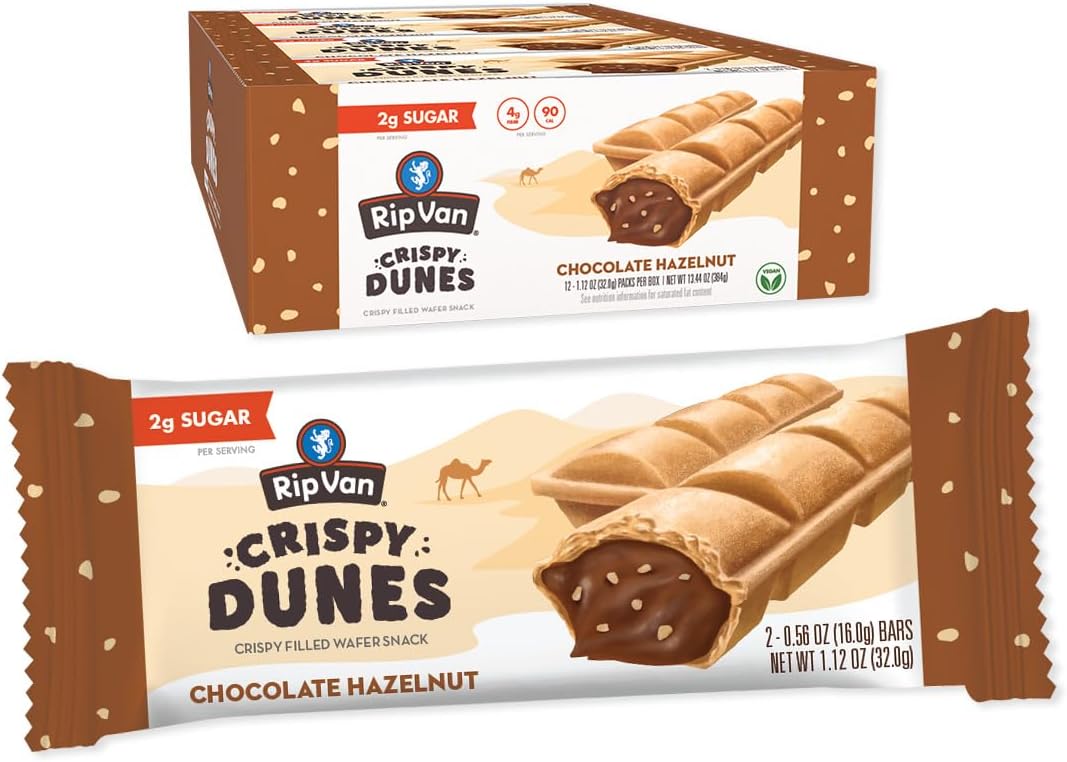 Crispy Dunes Vegan Chocolate Hazelnut Wafer Sticks – Low-Calorie Keto Snack with Hazelnut Cream Filling, 90 Calories, Non-GMO, Prebiotic Fiber - 12 Pack