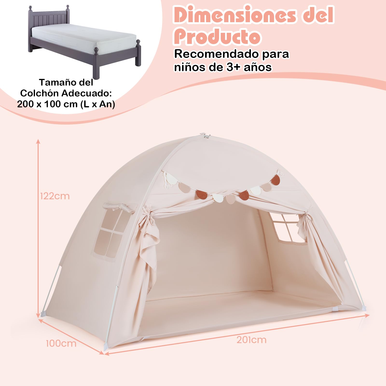 COSTWAY Tienda de Campaña Infantil, Casita Tela Infantil con 2 Ventanas y Banderas, Cabañas para Niños para Habitación Infantil, Tienda de Juego Interior para Niños de 3+ Años,201x100x122 cm (Beige)