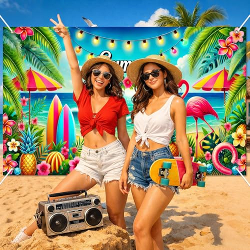 Image of HOMETITUTE Summer Beach Banner 71x43 Inches Summer Backdrop Beach Party Decorations Hawaiian Tropical Banner with Flamingo, Fruit and Surfboard, Pool Party Decor for Outdoor Decorations Supplies