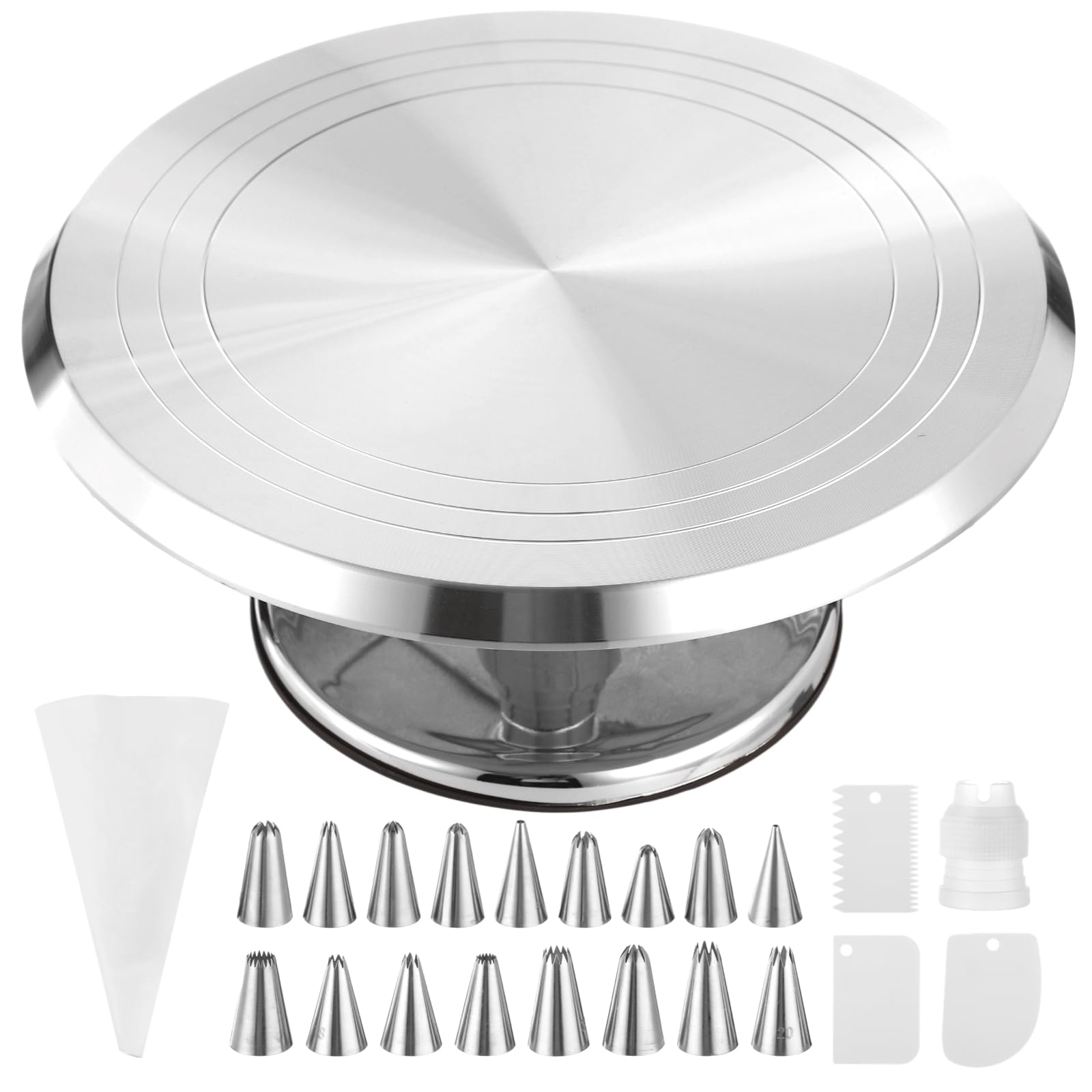 Kuchen-Drehplatte aus Aluminiumlegierung, 12 Zoll Torten-Set mit Spritzbeutel, 17 Spritztüllen, 3 Kunststoffschabern, Kuppler, rutschfeste rotierende Plattform zum Backen und Dekorieren