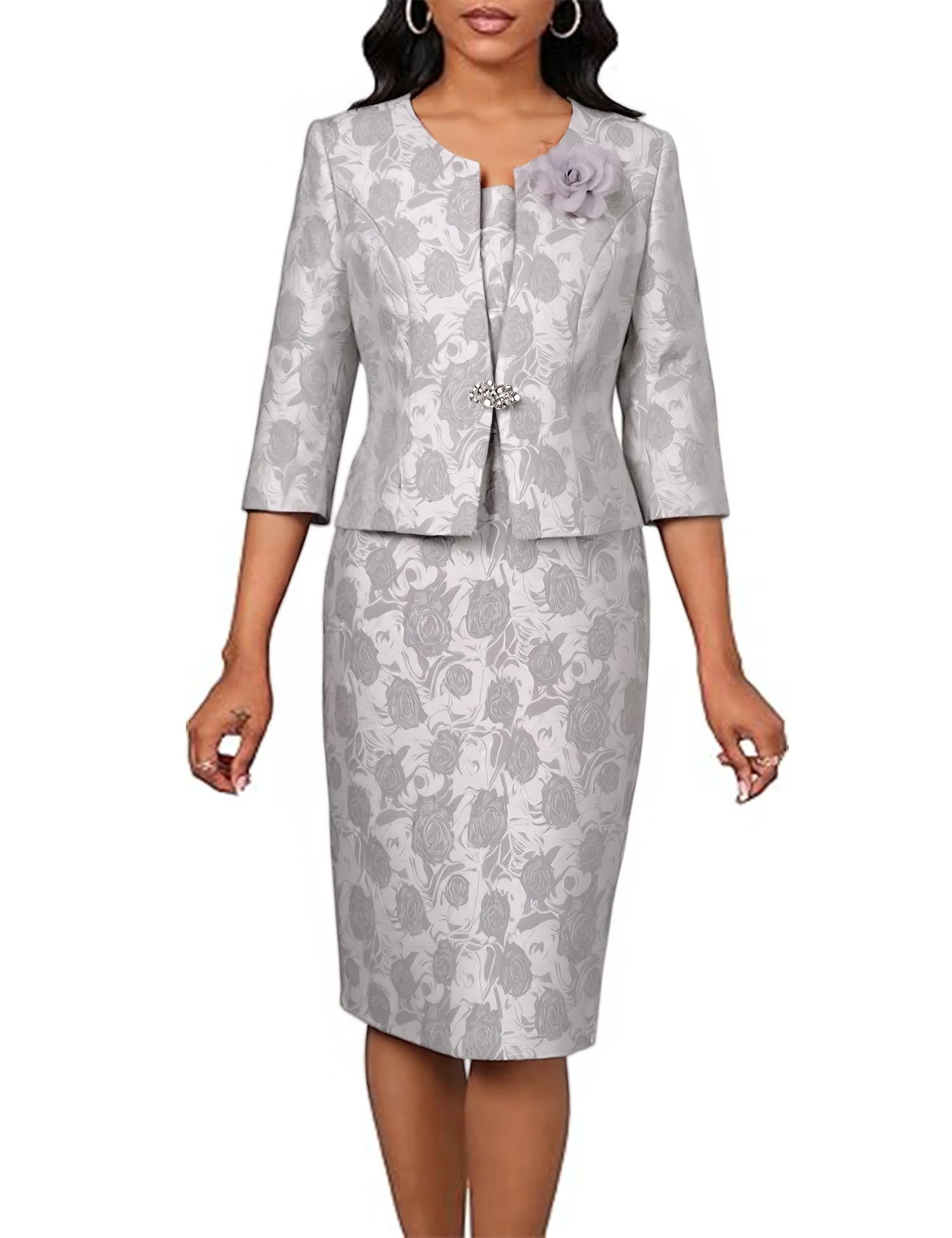Womens Dressy Church Suits Church Dress with Jacket for Women Set Plus Size Formal Attire Floral Jacquard Elegance