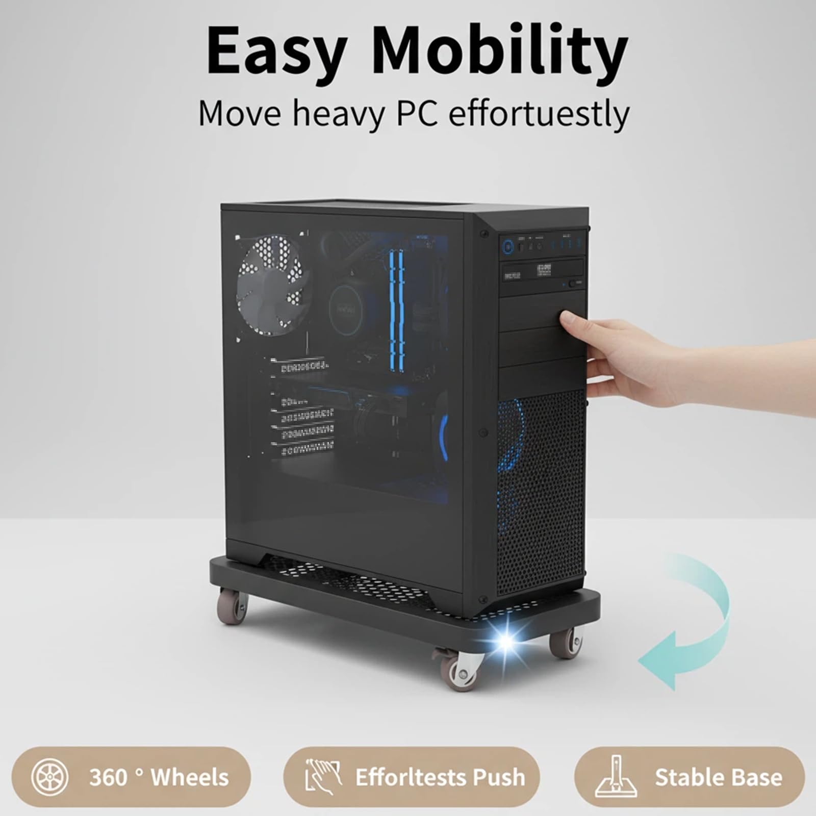 Supporto per PC rotabile Resistente con Ruote, Carrello per Torre per Computer in Acciaio Mobile per Desktop da Gioco, portacasse Ventilate a 360 ° 15.7 x 11.8 Pollici Nero