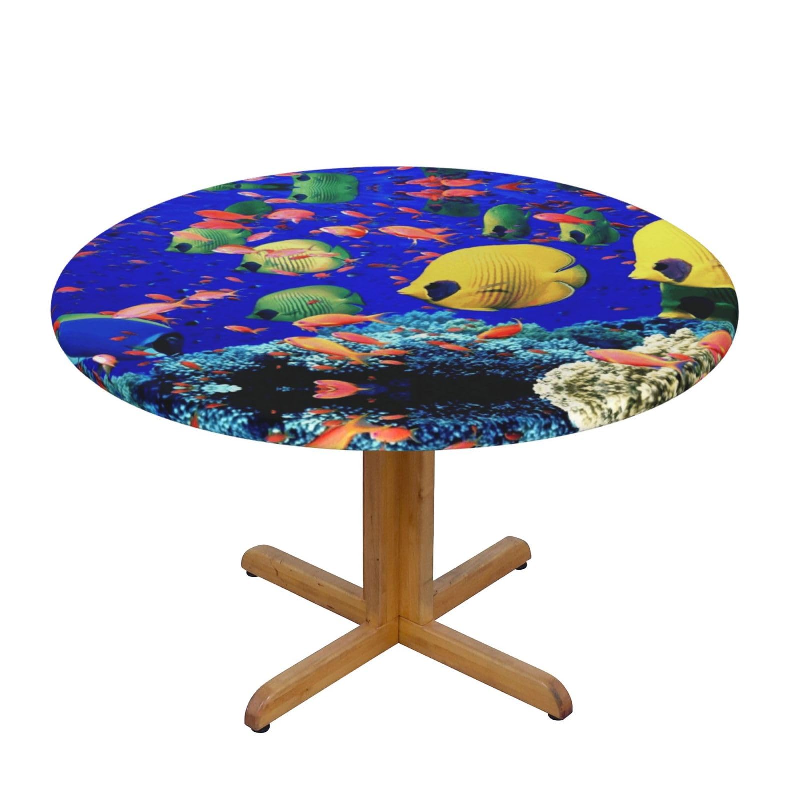 ESNAIUVCD Sea Fishes print Waterproof Round Tablecloth,Outdoor Table Cloth with Elastic Edged, Elastic Tablecloth Wipeable, Garden Table Cloth Suitable for sizes 90cm-140cm