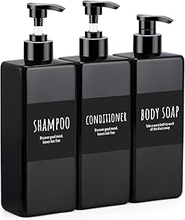 Segbeauty Shampoo and Conditioner Dispenser Refillable, 3pcs 16.9oz Shower Bottles Soap Dispenser with Labels, 500ml Empty Plastic Square Pump Bottle Dispenser Body Wash Containers for Bathroom Black