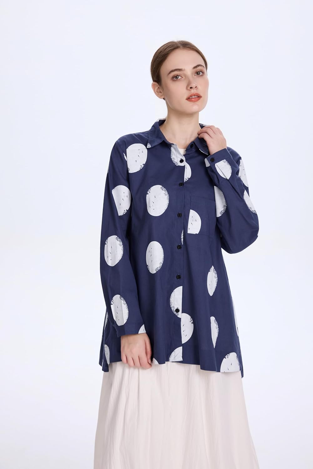 Minibee Women's Button Down Tunic Tops Polka Blouse Cotton Shirt - Image 4