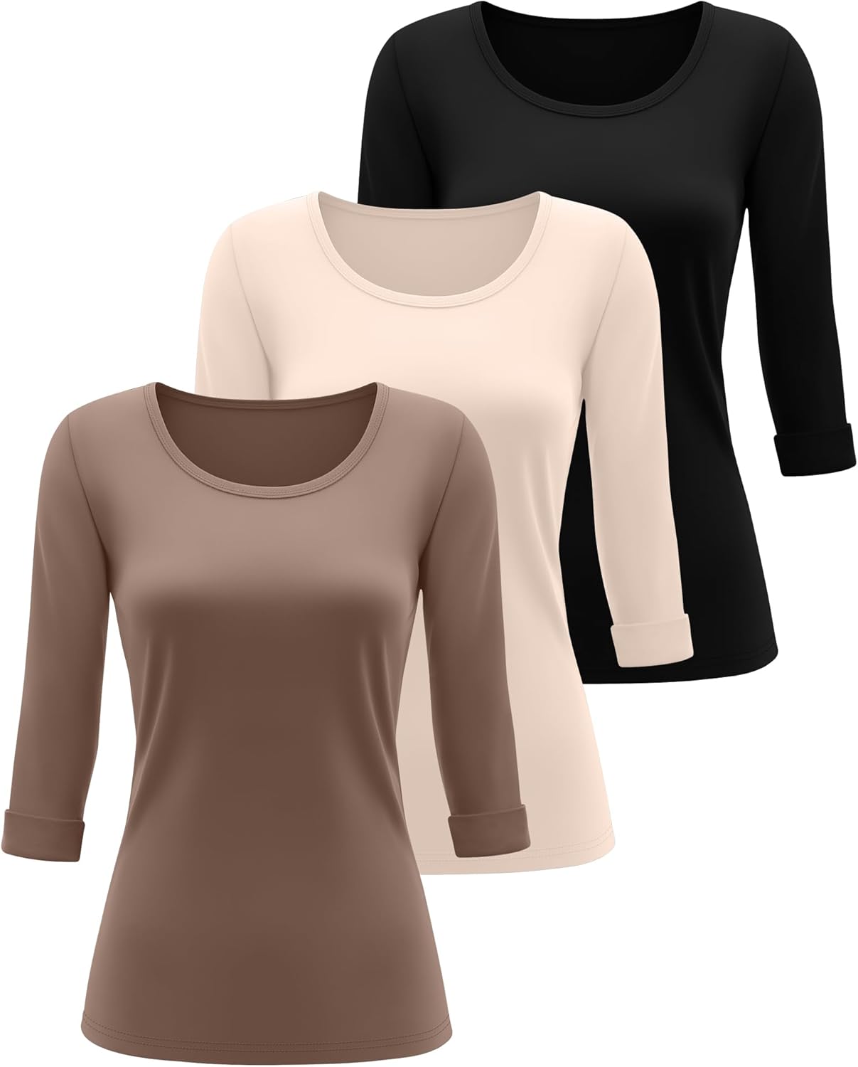 Huukeay 3 Pack 3/4 Length Sleeve Women's Tops Trendy Crew Neck Roll Basic Tees Top Dressy Loose Casual T-Shirt Blouses - Image 3