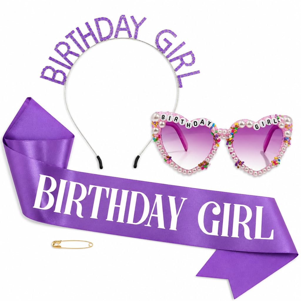 Birthday Girl Sash and Crown Set, 3 Piece Party Accessories