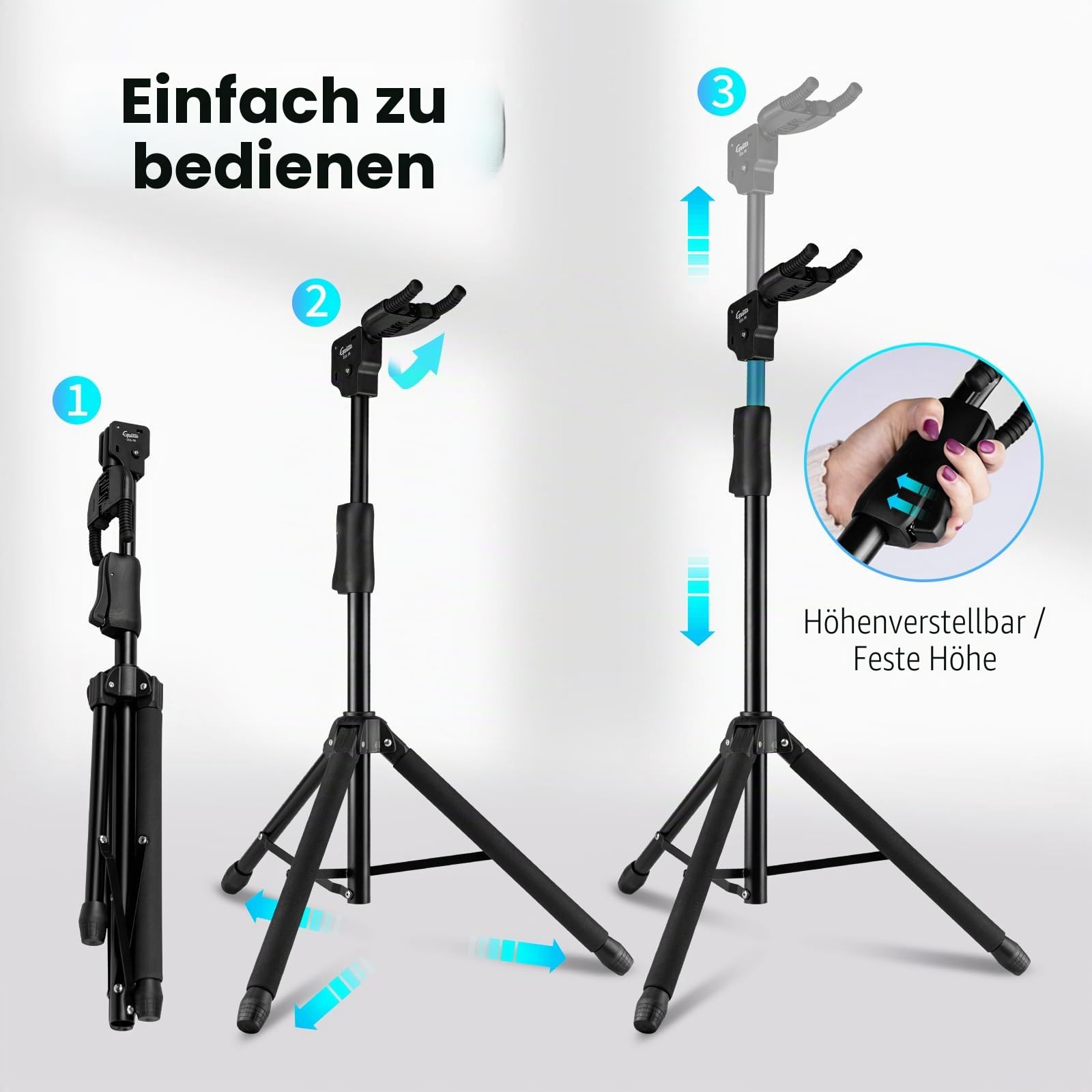GUITTO Gitarrenständer - Klappbarer Gitarrenständer mit Auto-Lock für Akustikgitarre, E-Gitarre, Bass & Ukulele - Dreibein-Ständer mit Silikon-Schutz, rutschfest, tragbar für Bühne & Reise (GGS-06)