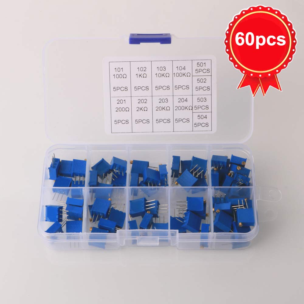 60PCS 12 Value 100 Ohm - 500K Ohm 3296W Trimmer Multigiro Potenziometro Resistenza Variabile con Scatola Plastica