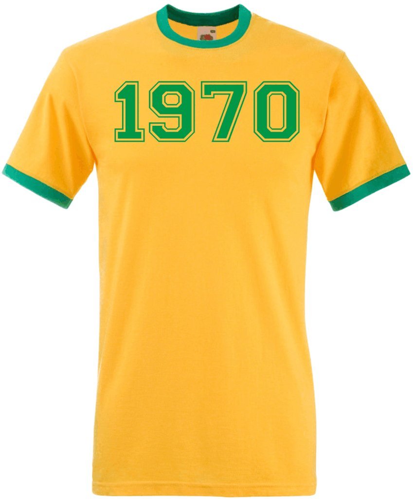Dcg Printwear Men's Sunflower & Green Ringer Varsity 1970 College Unisex Ringer T-Shirt Birthday Gift Present Funny Novelty Top