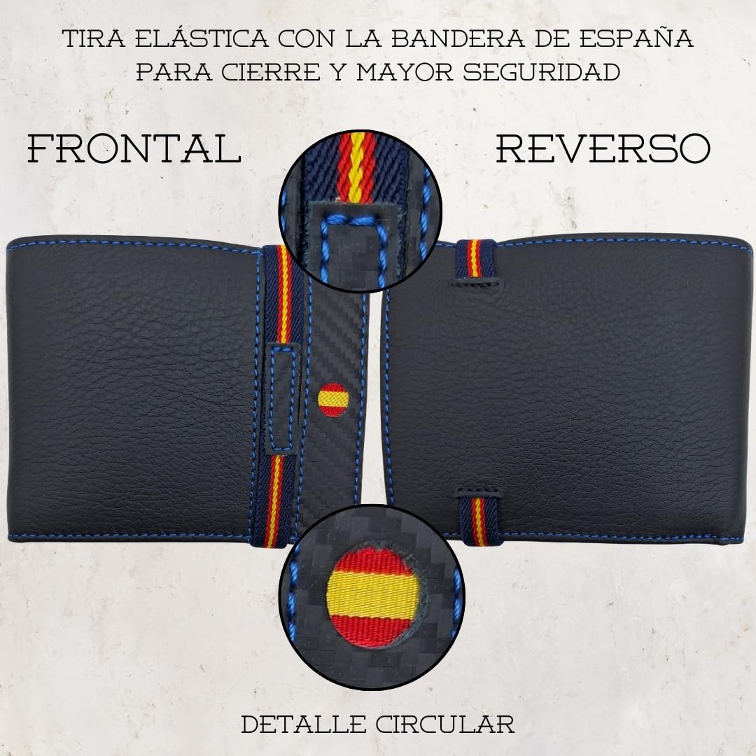 Cartera de Piel para Hombre Hecha artesanalmente en Ubrique Hombres y jóvenes, Incluye Llavero y Pulsera de temática española. (76 Negro Tira Grabado Hilo Azul)