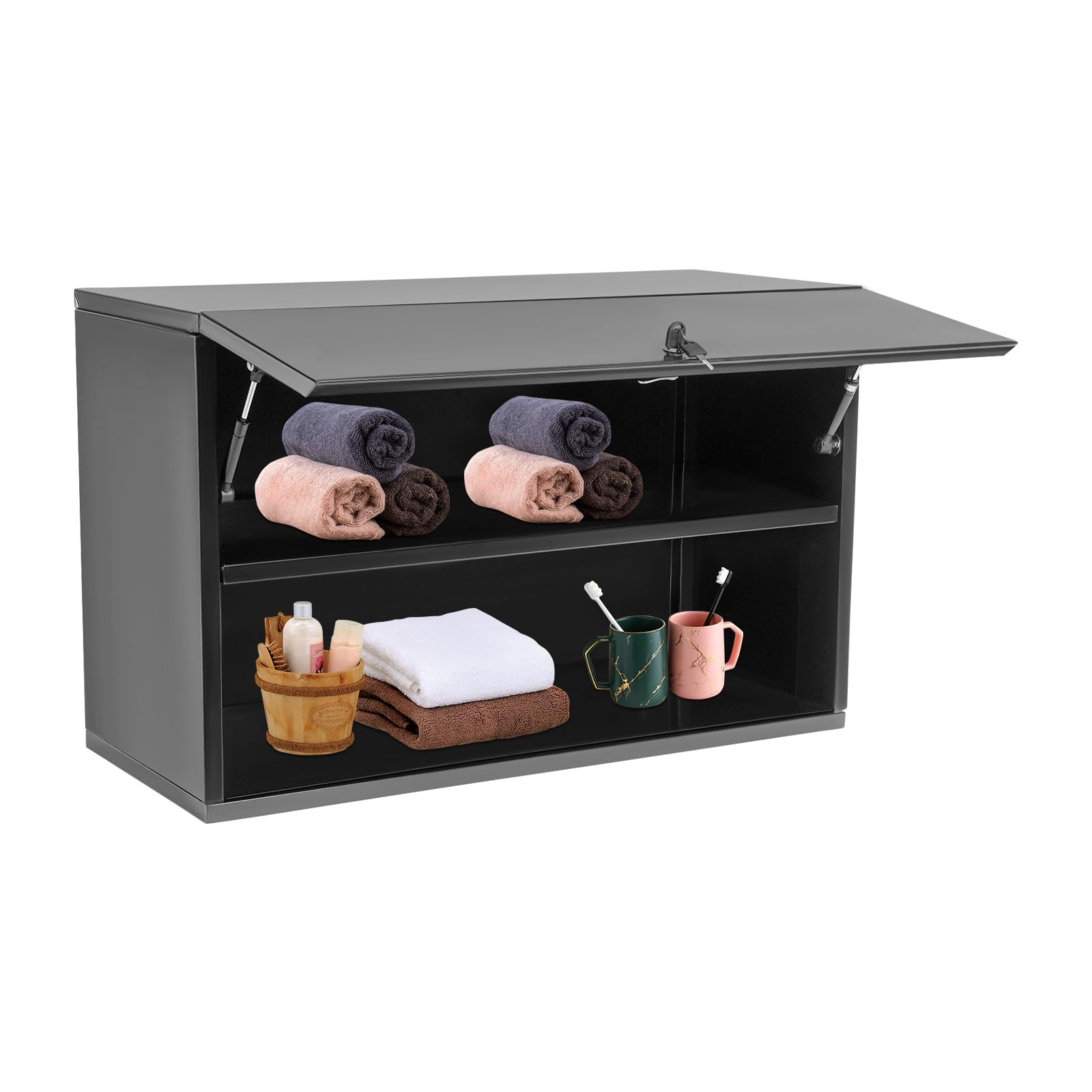 Poggyyi 2-Tier Wall Mounted Metal Storage Cabinets with Hydraulic Lever Up-Flip Door, 13 x 32 x 20In Open Shelf Garage Tool Cabinets for Garage Workspaces Warehouses, Black