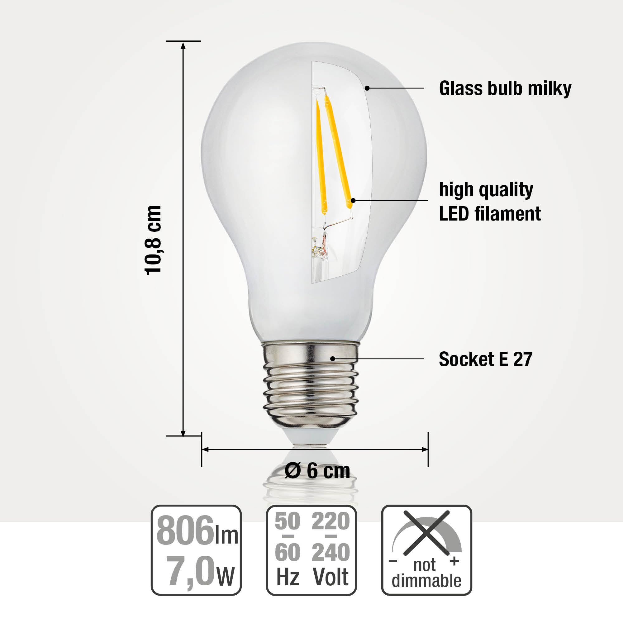 hellum 206210 żarówka LED E27, 10 żarówek 7 W, ciepła biel, 806 lumenów, żarówka E27 w stylu vintage, zastępuje żarówkę 60 W, 2700 K ciepła biel matowa, 206210