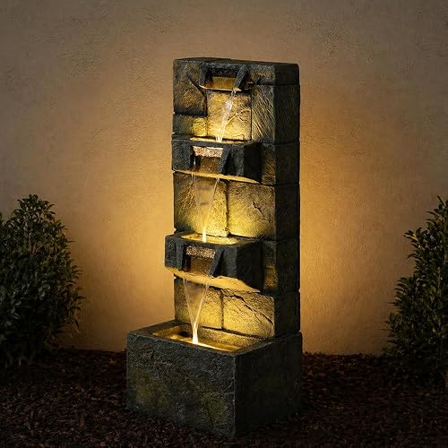 Bumilgar 32" Modern Slate Outdoor Fountain 4-Tier LED Waterfall