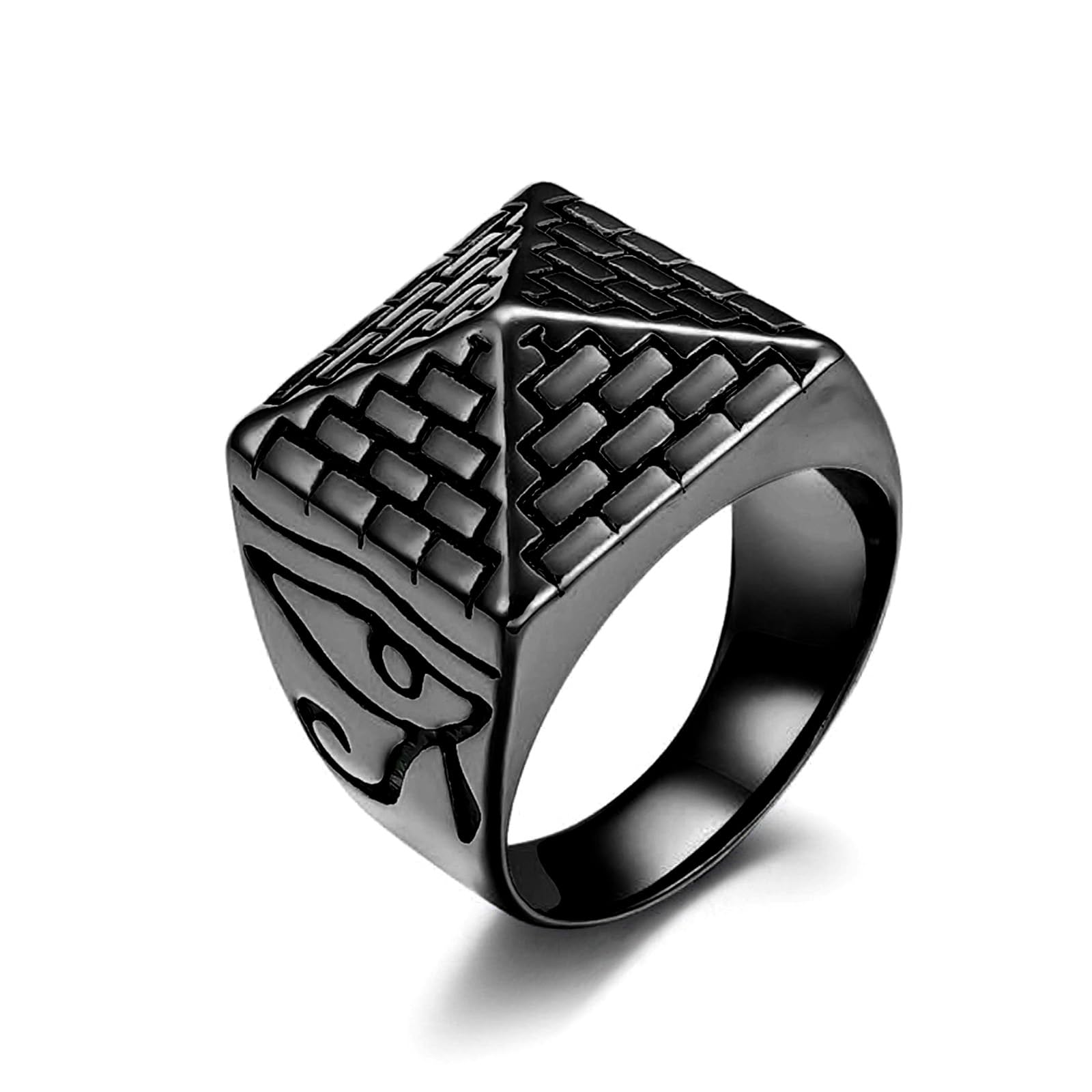 VHJdtE Rings, Egyptian Pyramid & Horus Eye Ring, Titanium Steel Men's/Women's Ancient Egypt Jewellery(Black,Q)
