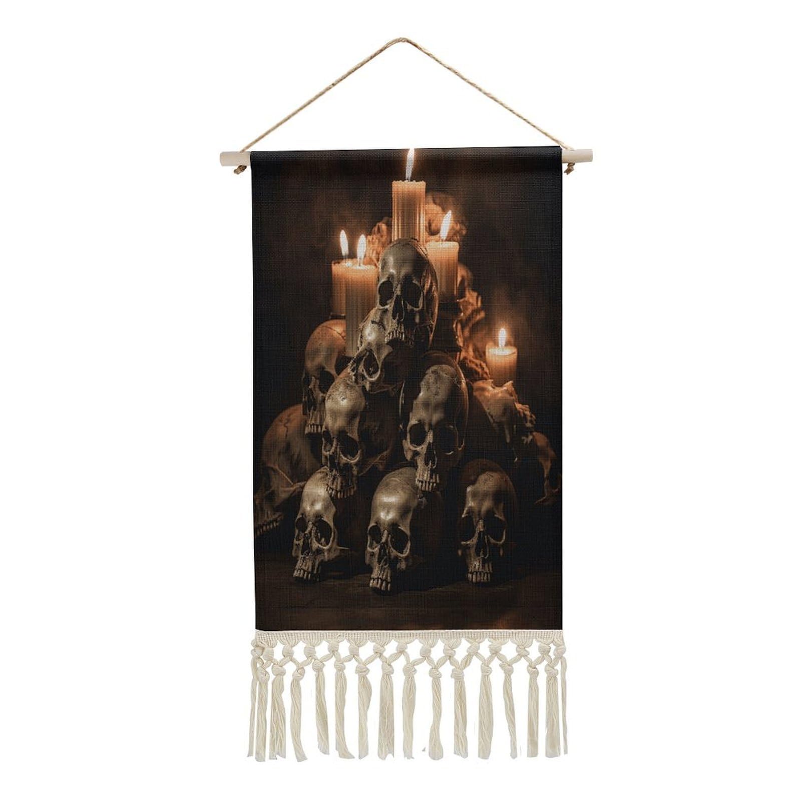 Adfgyerh Style Skull And Candle Tapestry With Tassels Cotton And Linen Hanging Posters, Wall Art For Travel Gift, Wall Tapestry For Office Home Decor Bedroom Living Room Decor