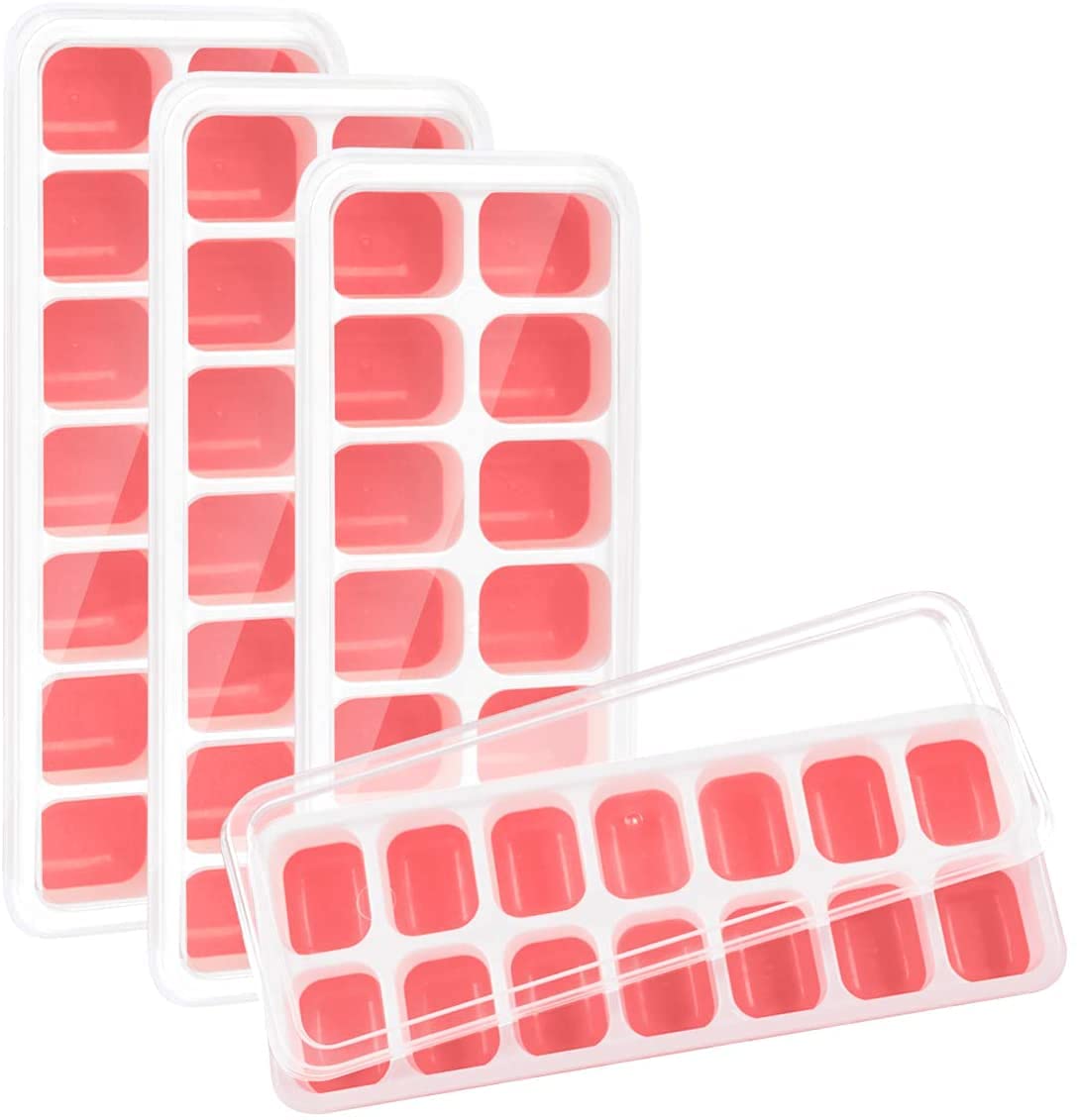 Ice Cube Trays 4 Pack, Easy-Release Silicone & Flexible 14-Ice Cube Trays with Spill-Resistant Removable Lid, LFGB Certified and BPA Free, for Cocktail, Freezer, Stackable Ice Trays (PINK)