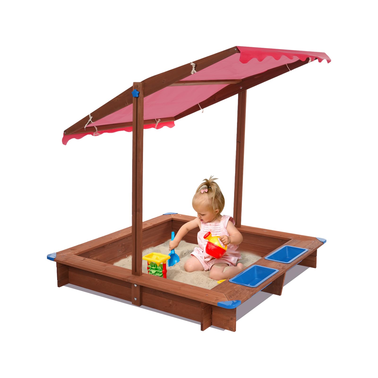 Sandkasten mit Dach 126x121x118cm Holzsandkasten mit Abdeckung & Matschküche für Kinder Sandkiste aus Holz mit praktischem Sitzflächenrand für Outdoor und Garten (Rot, Braun)