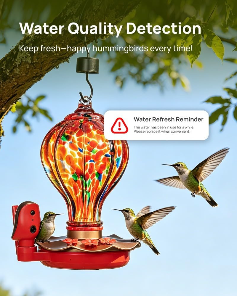 Smart Hummingbird Feeder with Camera for Outdoors, Hand Blown Glass, Solar WiFi Bird Feeder with 2K HD Live View, Smart Nectar & Water Detection, PIR Motion Alerts, Gift for Dad, Mom or Bird Lovers