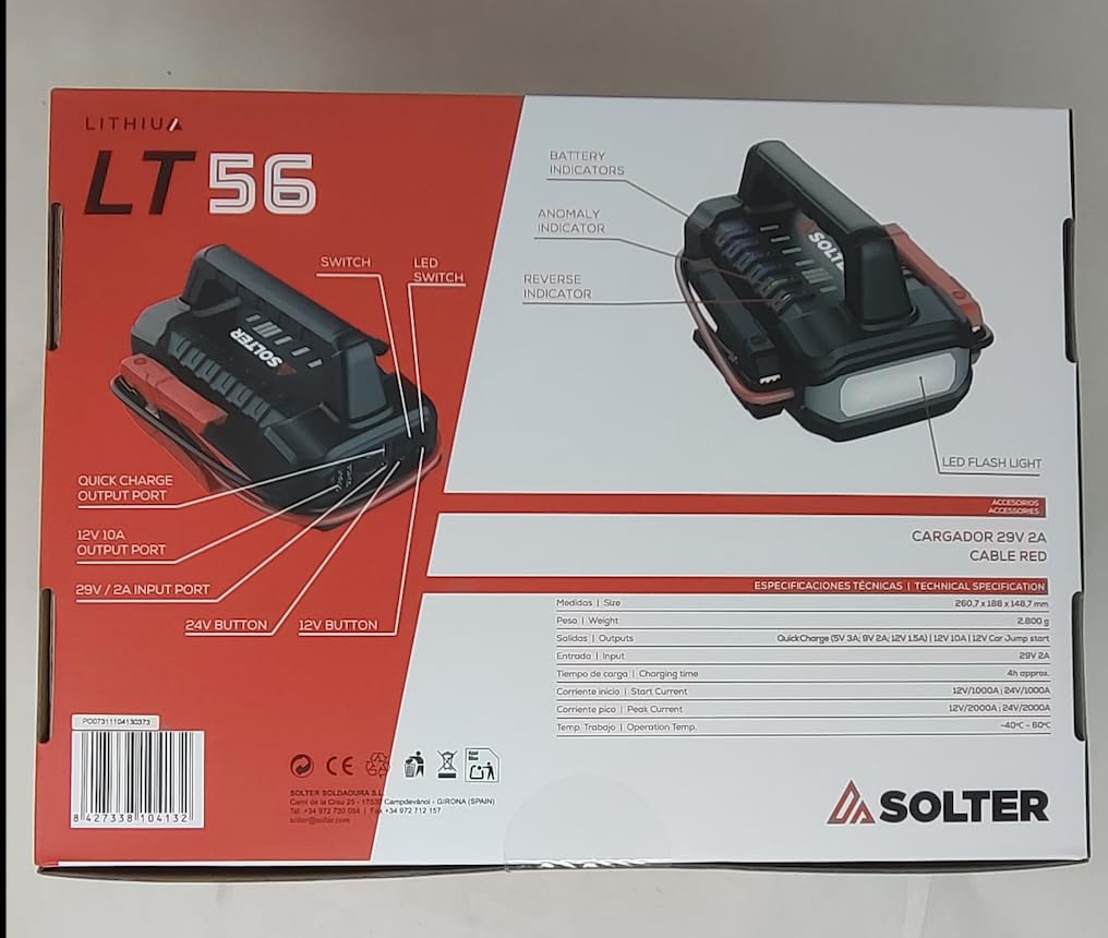 Solter Lithium LT-56 12/24V Pro, Arrancador de baterías 2000A Pico 56000mAh (207,2Wh), Compatible 12V/24V Camiones y maquinaria, Booster portátil 2,8 kg con Salida 12V 10A