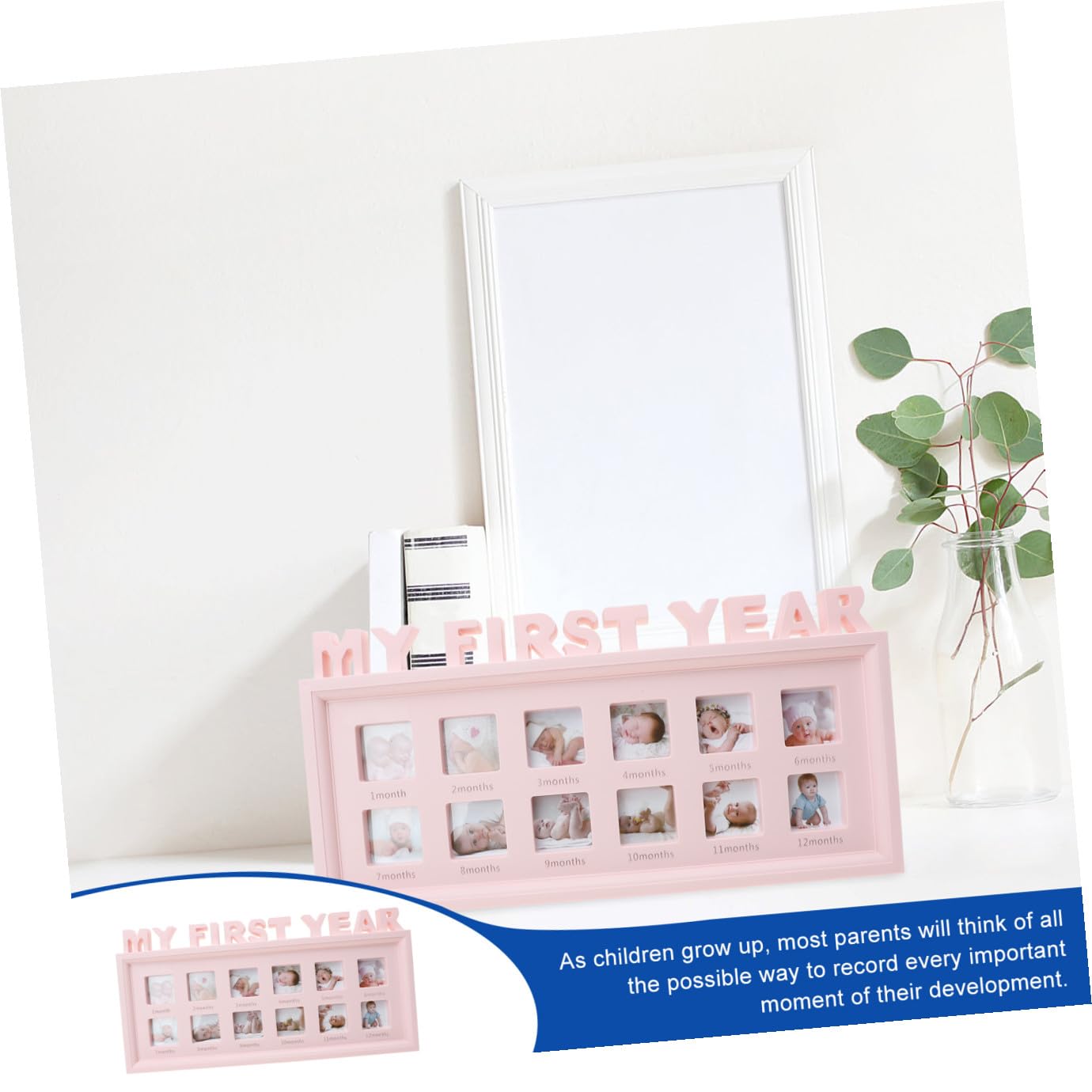 Marco de Fotos para Bebés de 12 Meses en Color Rosa de Pvc Capacidad para 12 Imágenes, Adecuado para Baby Shower y Decoración de Sala