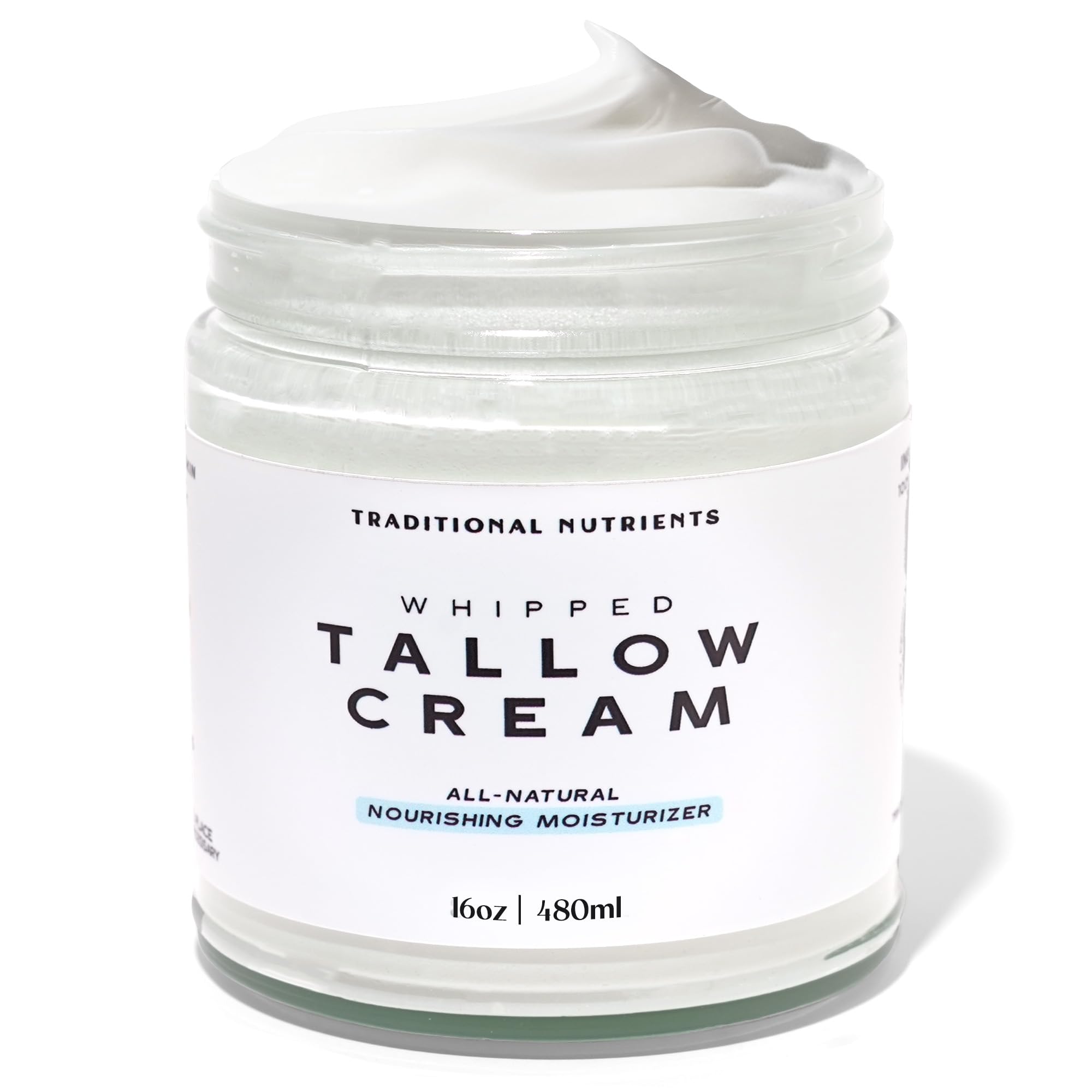 Whipped Tallow Skin Cream GRASS FED + Plain, No Additives, Tallow Face Cream, Tallow Lotion, Glass Jar, Tallow Balm, Beef Tallow Moisturizer (16 oz.)