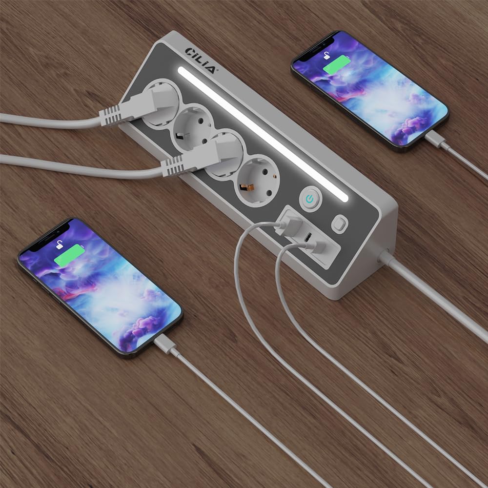 CILIA Ciabatta Elettrica Angolare 90° con 4 Prese Schuko,2 Type-C +1 USB, Protezione Sovratensioni, Luce LED, Interruttore On/Off, 3680W 16A, Cavo 1.5m, Interruttore On/Off, per Cucina Ufficio Casa