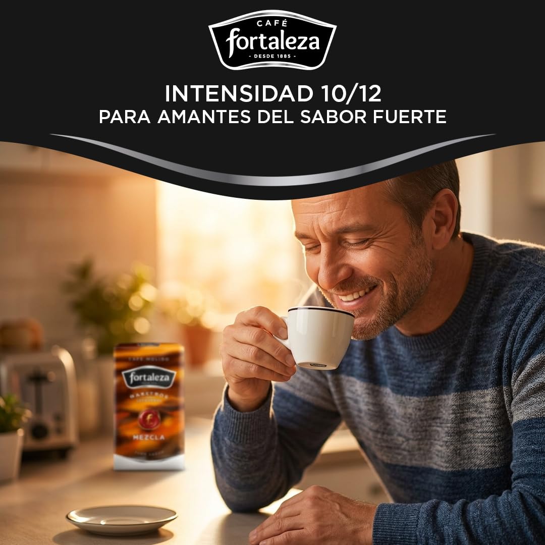 CAFÉ FORTALEZA Café Molido Intenso con Tueste Natural y Torrefacto Pack 250g x 12 - Total 3 Kg - Café Molido Arábica y Robusta con Matices Avainillados para Cafetera Italiana con Sabor Pleno
