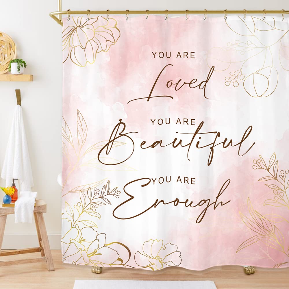 Miyotaa Pink Quotes Shower Curtain Set 60Wx71H Inches Inspirational Motivational Girls Women Ombre Postive Polyester Waterproof Cloth Bathroom Curtain