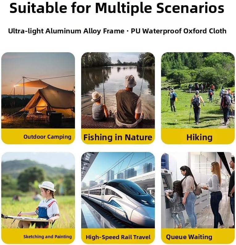 Miniatura 5 de Taburete plegable portátil para acampar con correa para el hombro, capacidad de peso 264.6 lbs, adecuado para senderismo, pesca, picnics (negro-A)