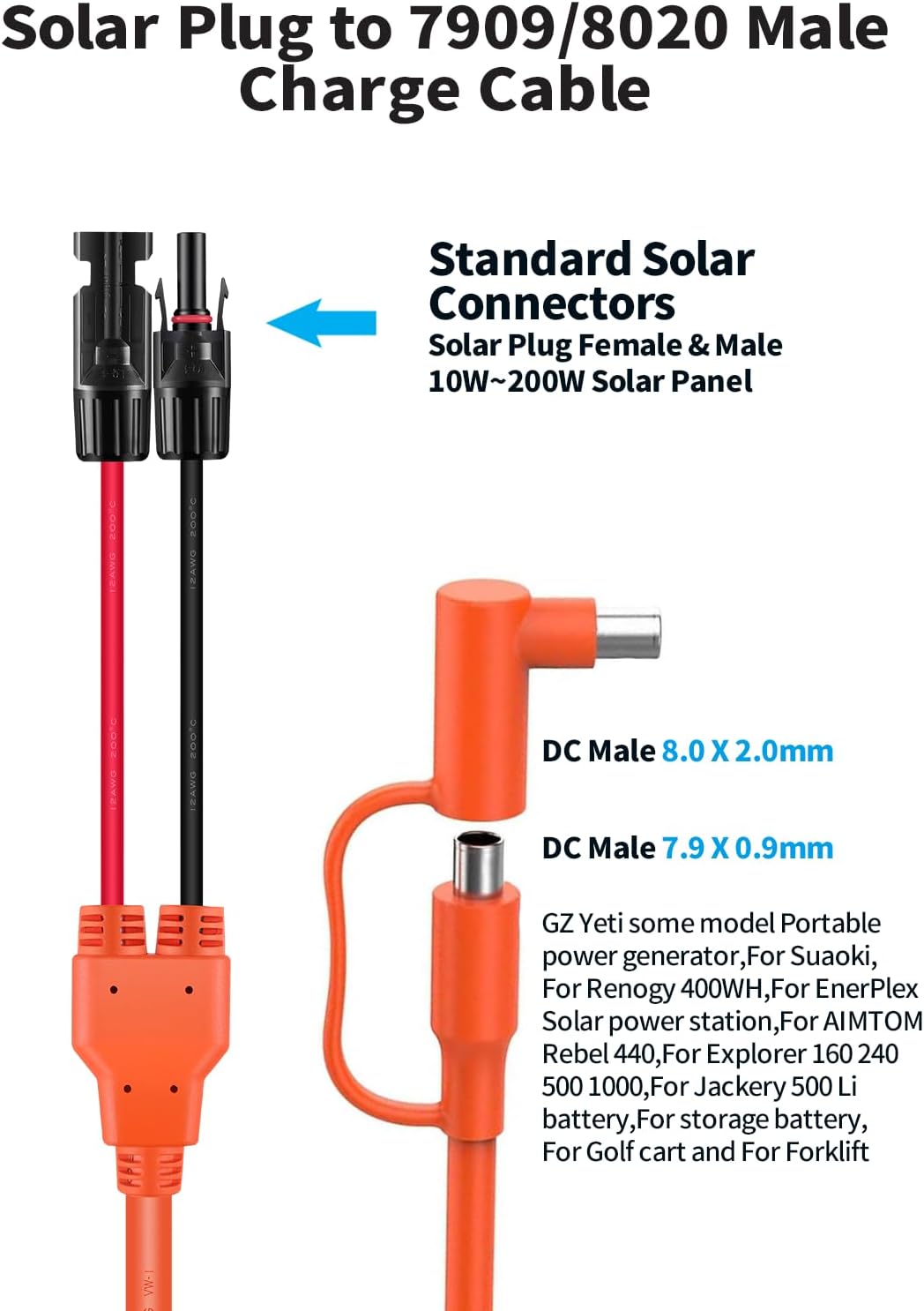 Solar Connector to DC 8mm Adapter Cable, 2M 6FT 12AWG+14AWG Solar Cable with DC8020/7909 for Jackery Explorer 160 240 500 1000 GZ Yeti BLUETTI Portable Power Station, Solar Generator, Solar Panel