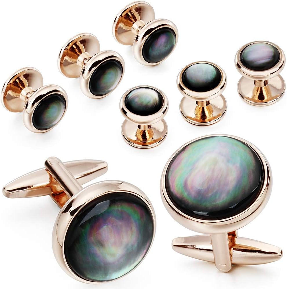Cufflinks and Tuxedo Studs Set for Men with Gift Box, Mother-of-Pearl Cuff links for French Cuff Shirt and Dress Shirt, Suitable for Wedding, Birthday, Party