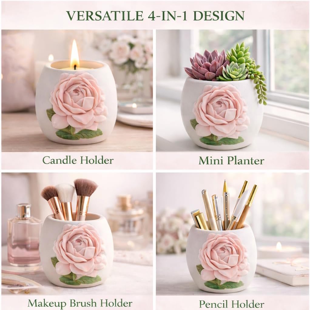Pink Rose Votive Tea Light Candle Holder & Mini Planter Pot – 4" Wx3.5 H – Decorative Floral Candle Holder – Toothbrush, Pen, Pencil and Makeup Brush Holder – Home Table Décor Gift by SassyXpressions