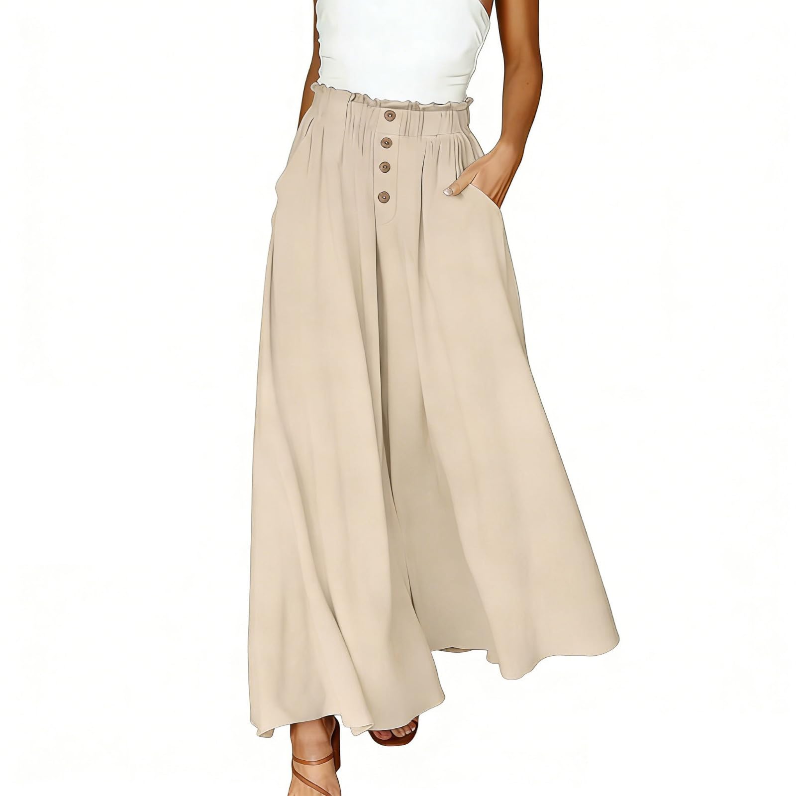 Women's Flowy Pants Summer High Waisted Wide Leg Dress Pants with Pockets Trendy Culottes Business Casual Trousers - 1