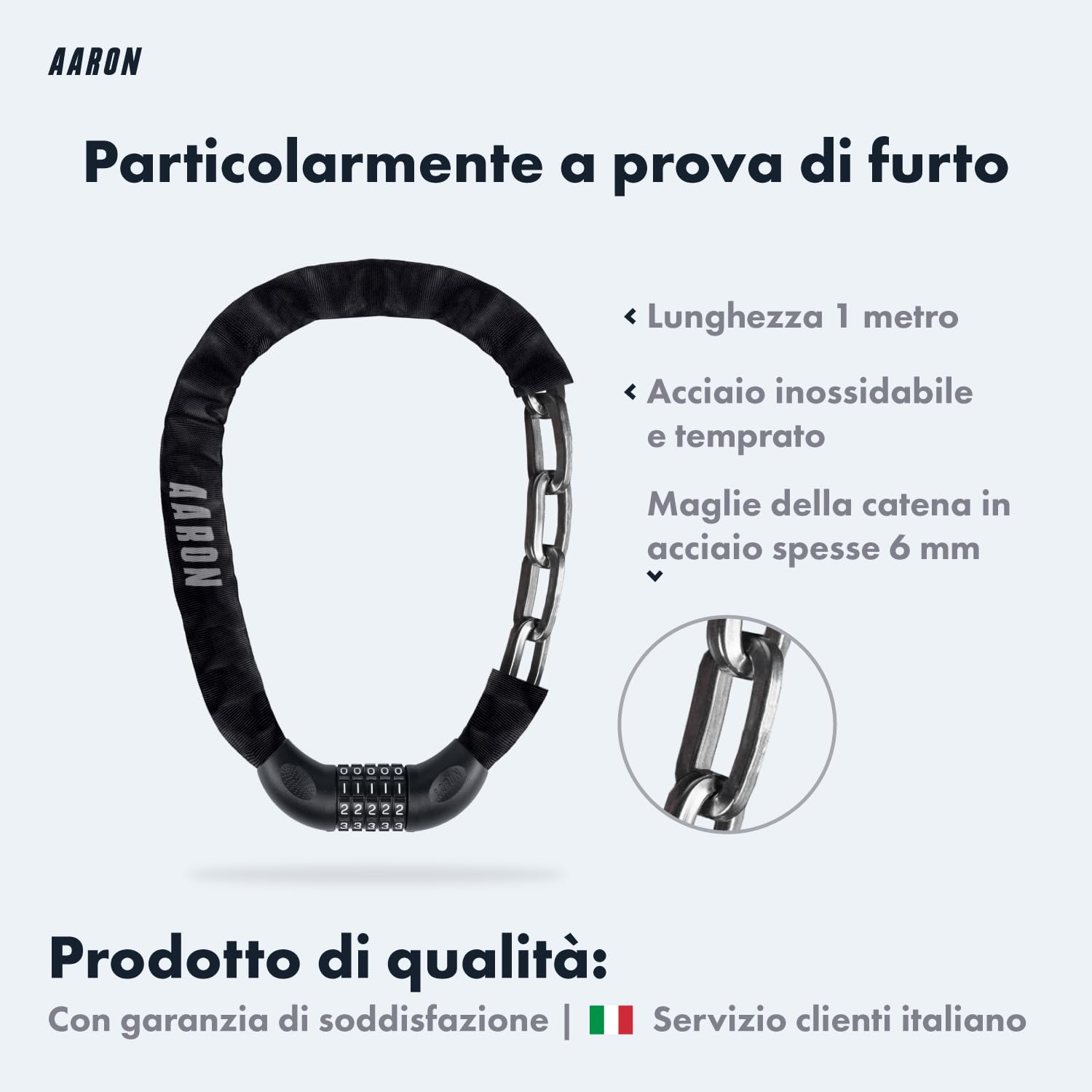 AARON Lock One - Catena antifurto per bicicletta con codice a 5 cifre - lucchetto in metallo e alta sicurezza - per mountain bike, da trekking, da turismo, da corsa, veicoli elettrici