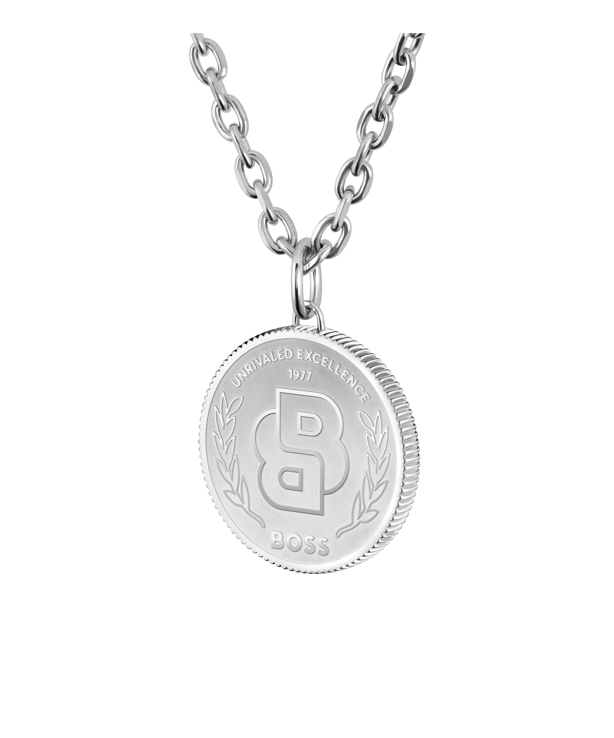 BOSS Jewelry Collar para Hombre Colección DOUBLE B COIN en Acero Inoxidable con un Charm en Forma de Moneda – Disponibles en Plata o Negro