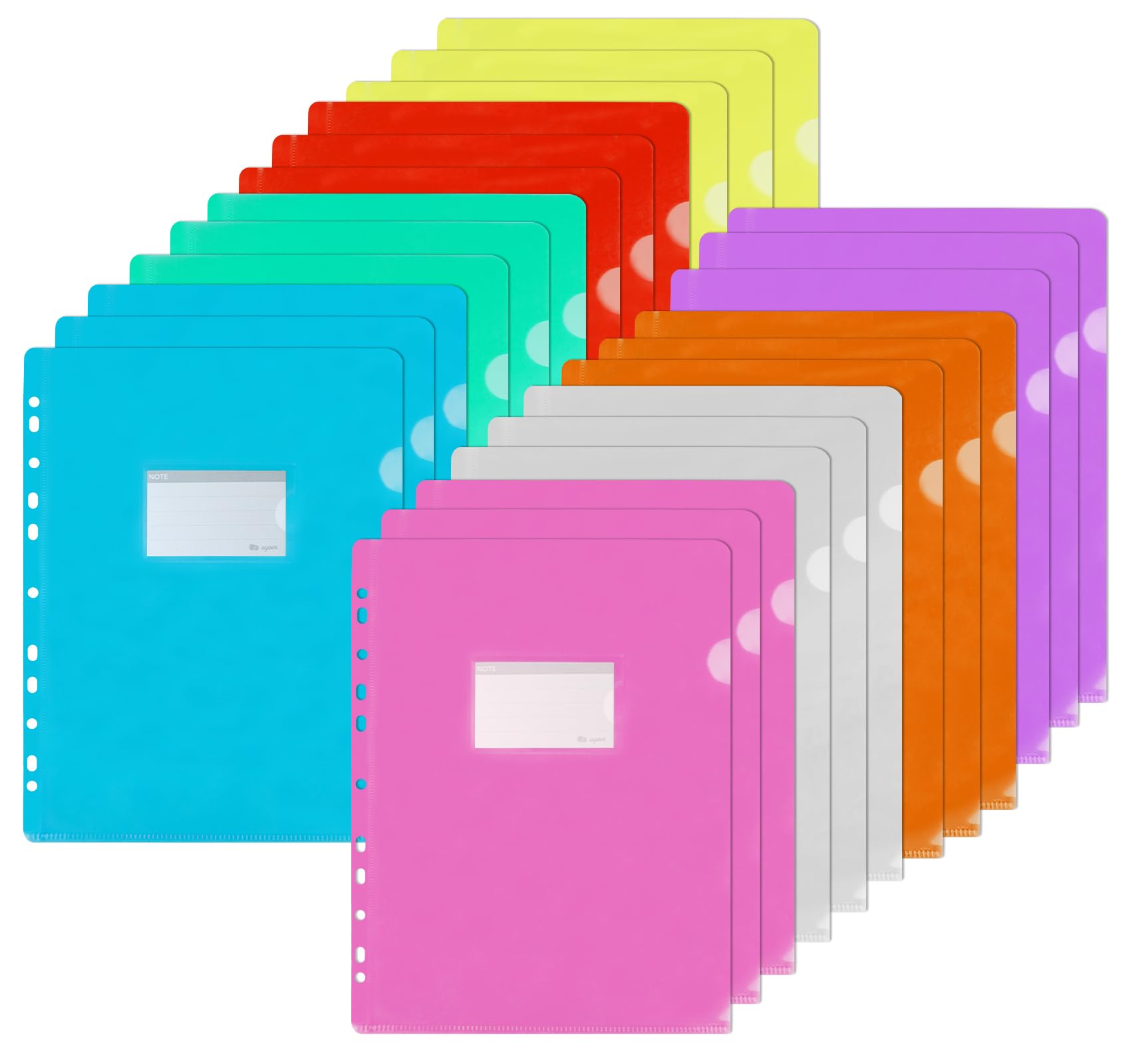Agoer A4 Plastic Folders Punched with Label Pocket,24 Pcs Clear Plastic Sleeves Wallets 8 Bright Colours A4 Cut Flush Folder Open Top&Side,11 Holes Sheet Protector for Paperwork Files Report