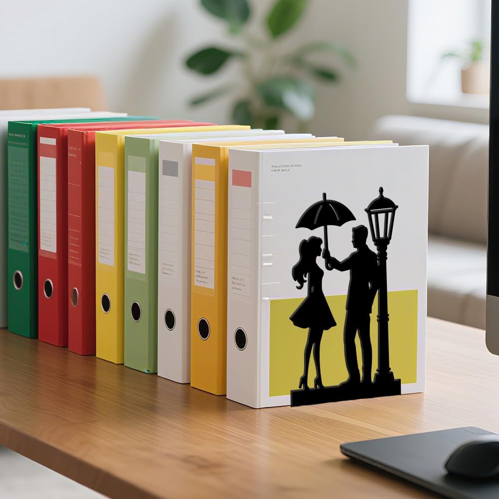 WADORN 1 Pair Streetlight Couple Metal Decorative Bookend for Shelves, Heavy Duty Book Ends Romantic Non-Skid Books Holder Stand Black Book Support Stoppers for Bookshelf Office, 4.7x3.5x7 inches