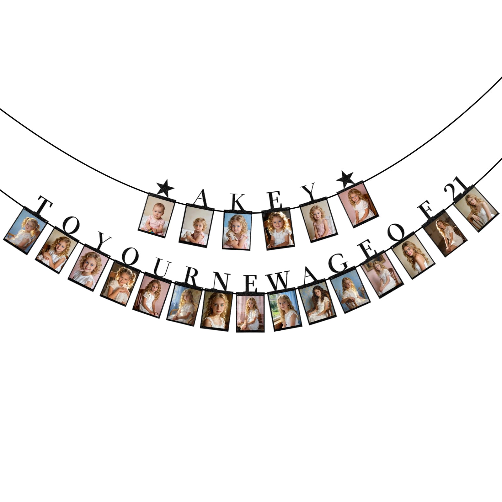NETFLO 21th Photo Birthday Banner for Men Women Photo Banner 21 Photo Slots Growth Milestone Banner with Glitter Hanging Garland Bunting for Party Photo Props Decorations (Black)